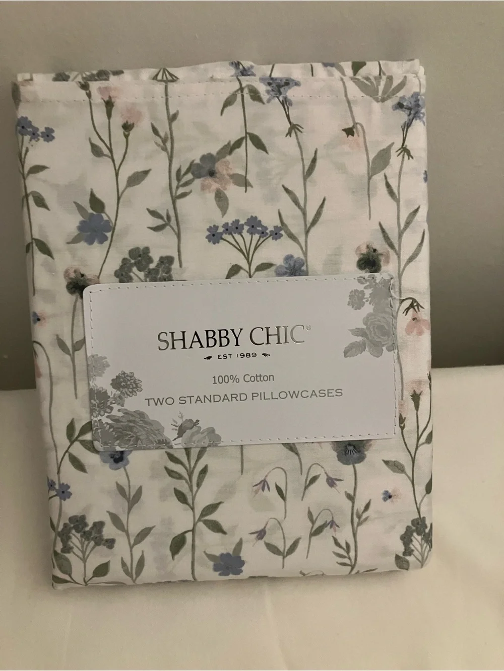 Shabby Chic Floral Cotton Pillowcases - White with Blue & Green Floral Print